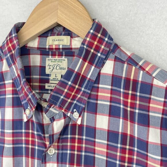 J.CREW Shirt Mens L 2-Ply Yarns Plaid Button Up Secret Wash Organic Cotton Blue - Picture 6 of 14
